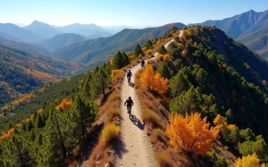 a group of people riding bikes on a trail with trees and mountains