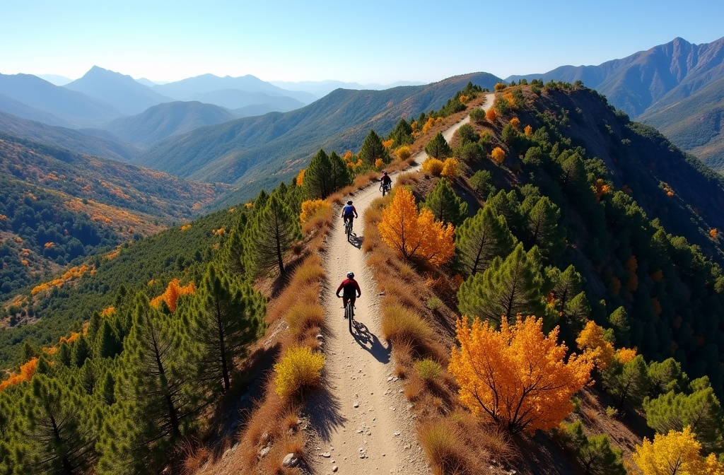 a group of people riding bikes on a trail with trees and mountains